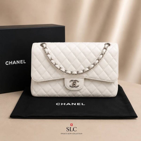 CHANEL Classic Double Flap Medium White Leather Silver Hardware
