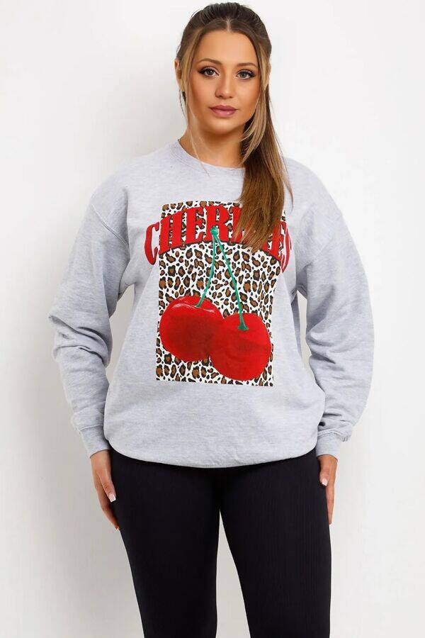 Grey Long Sleeve Leopard Base Cherry Print Sweatshirt