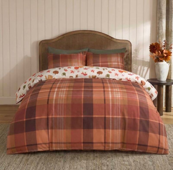 Autumnal Novelty Checked Reversible Duvet Cover Set - Cream/Rust