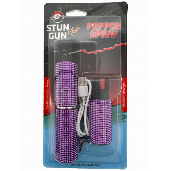 Purple Rhinestones Lipstick Stun Gun and Pepper Spray Combo for Self Defense