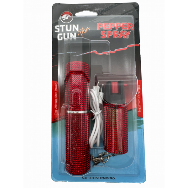 Red Rhinestones Lipstick Stun Gun and Pepper Spray Combo for Self Defense