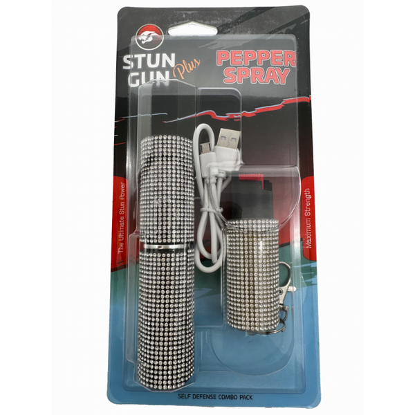 Silver Rhinestones Lipstick Stun Gun and Pepper Spray Combo for Self Defense