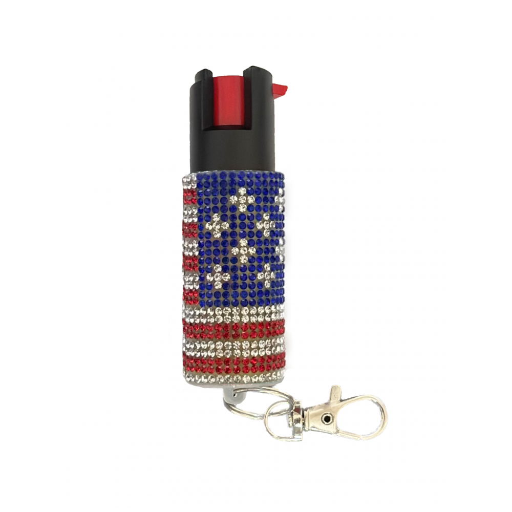USA Flag Rhinestones Keychain Personal Defense Pepper Spray OC-18 1/2 oz