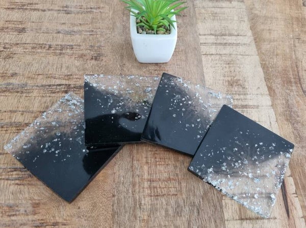 Onderzetter set (vierkant); zwart/ zilver