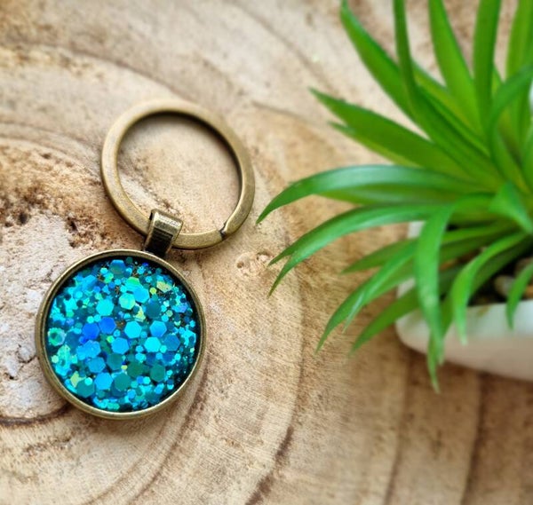 Sleutelhanger; glitter turkoois