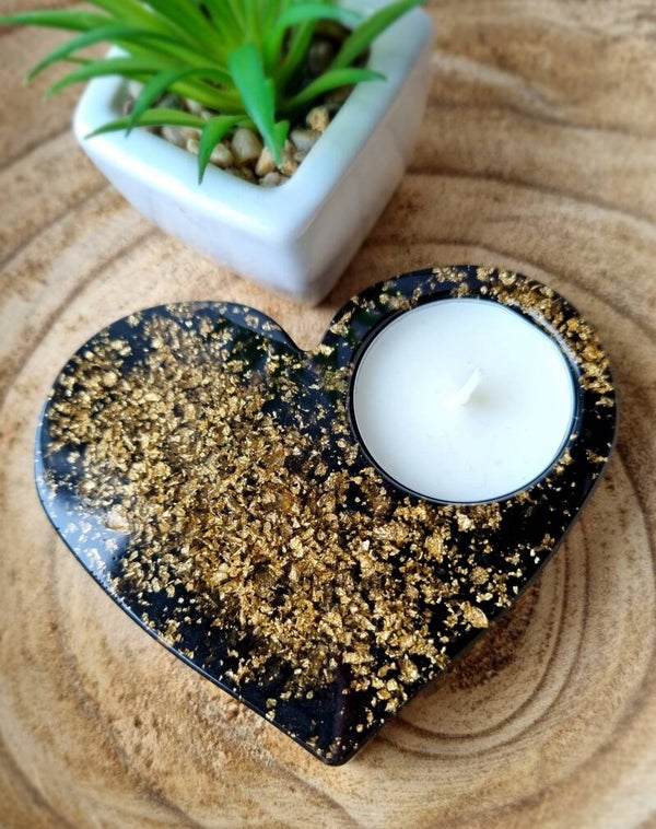 Waxinelicht houder hart; zwart/ goud