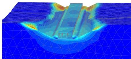 Geo-ingenieurs zet bij complexe geometrieën Plaxis 3D in. Hiermee modelleren we een ruimtelijke geometrie en bepalen we nauwkeurig de invloed op de omgeving.