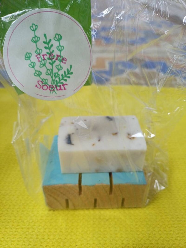 🎁 Rozemarijn, blauwe kleipoeder natuurzeep met zeephouder (Naturel-Turks blauw)
