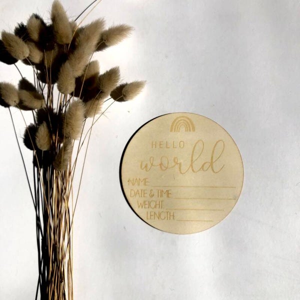 Hello World Rainbow CUSTOMISABLE Wooden Announcement Disc