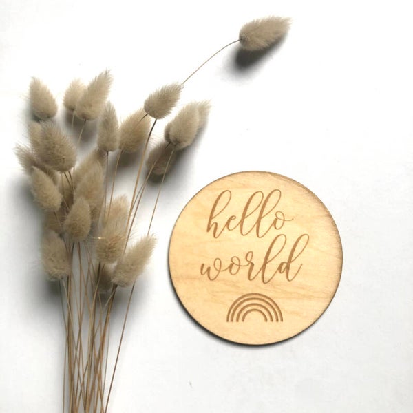 Hello World Rainbow Wooden Announcement Disc