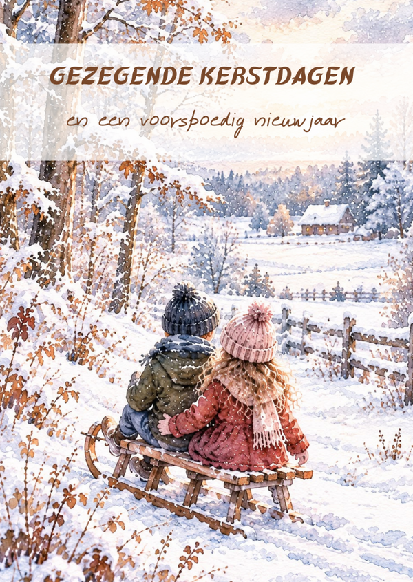 Kerstkaart kinderen op slee