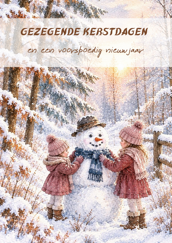 Kerstkaart kinderen sneeuwpop