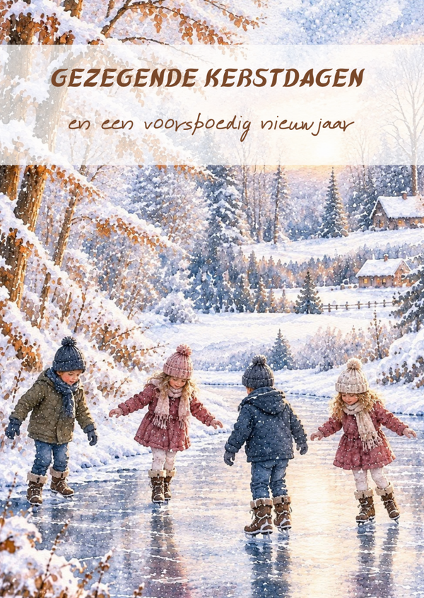 Kerstkaart kinderen schaatsen