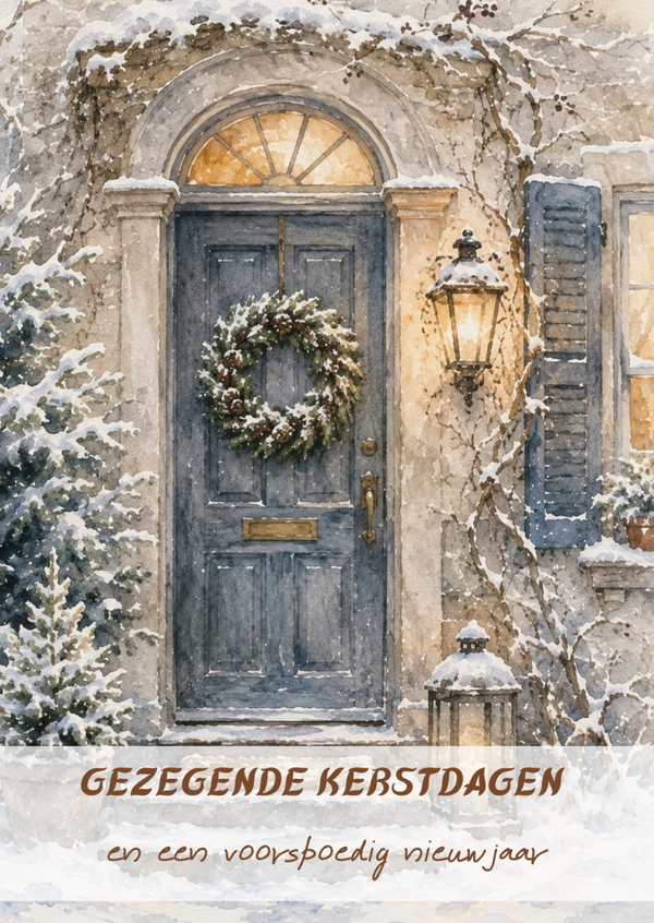 Kerstkaart voordeur sneeuw