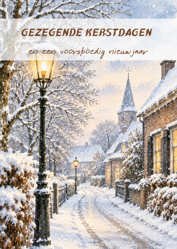 Kerstkaart straat lantaarn