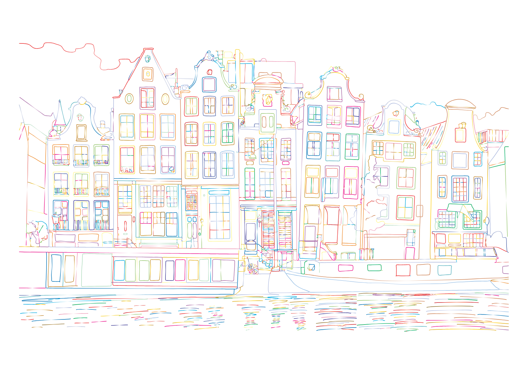 Zonder tekst grachtenhuizen lijntekening kleur