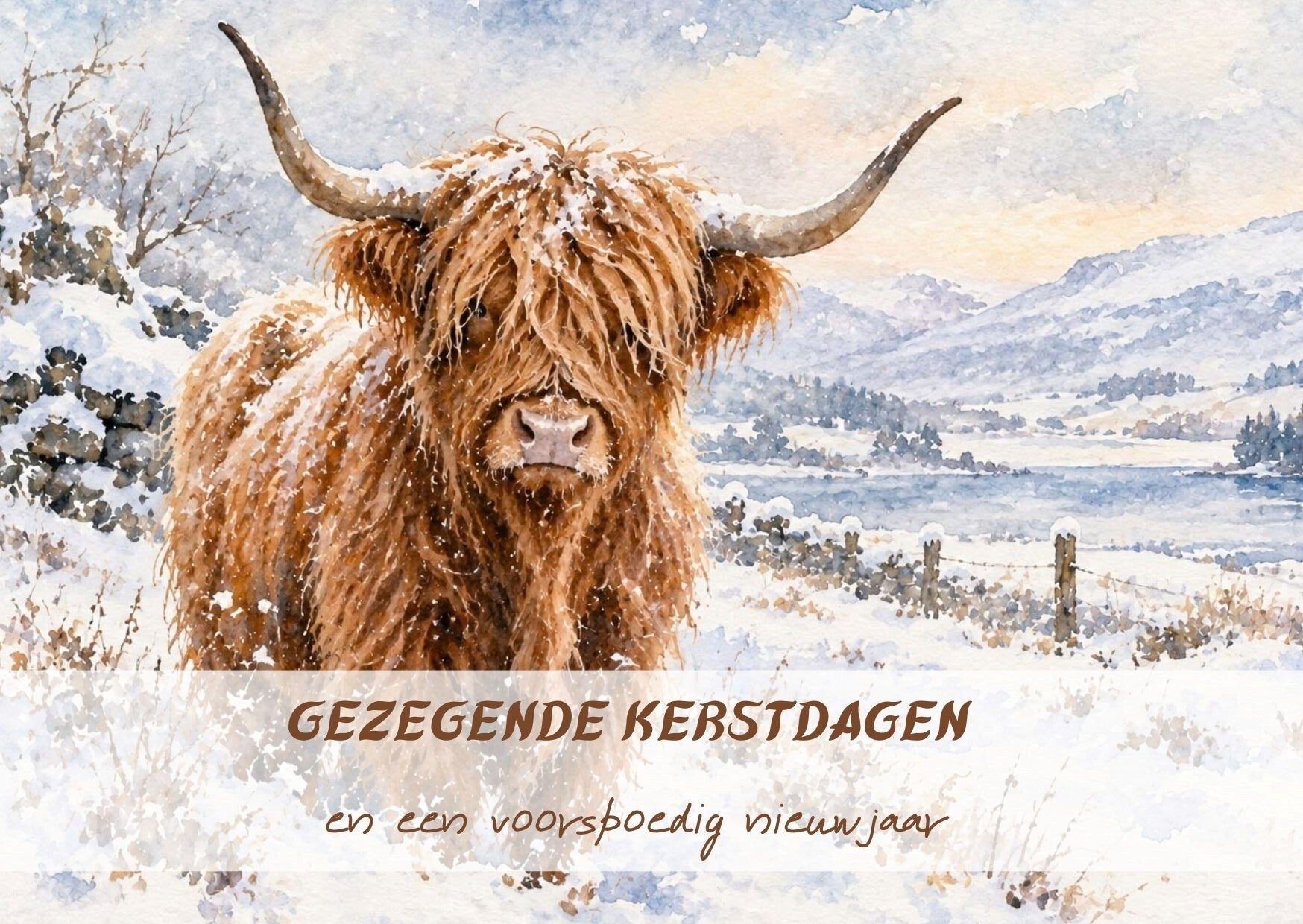 Kerstkaart schotse hooglander liggend
