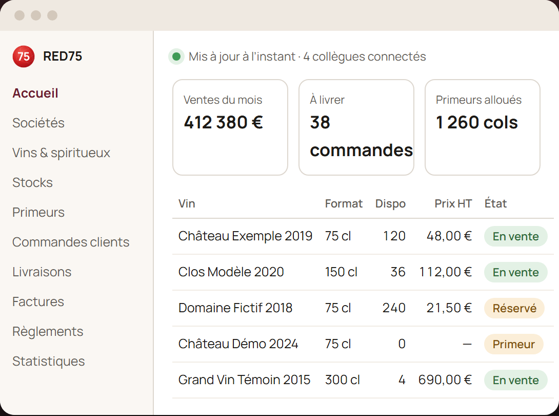 Aperçu de l'écran d'accueil du logiciel RED75 pour négociants en vins