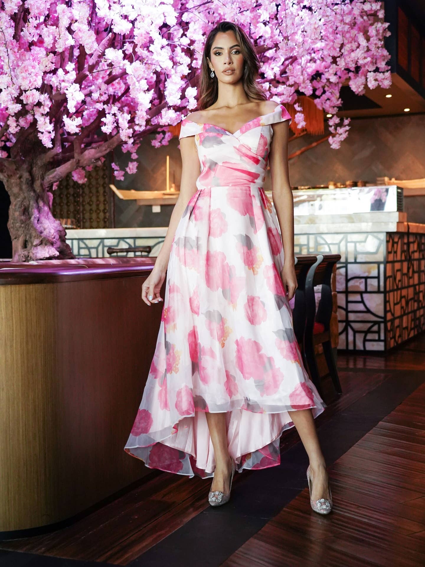 Floral Print Off the Shoulder Tulle Midi Dress