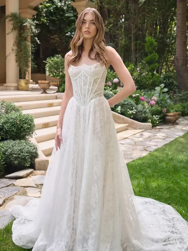 Scoop Neckline with Corset Bodice and Delicate Pearl Straps