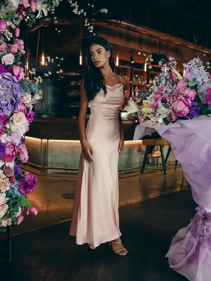 Blush Satin Maxi Dress with Cowl Neck
