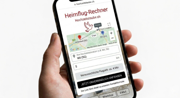 Weisse Hochzeitstaube im Flug über einer Landkarte der Ostschweiz mit Route nach Wil SG.