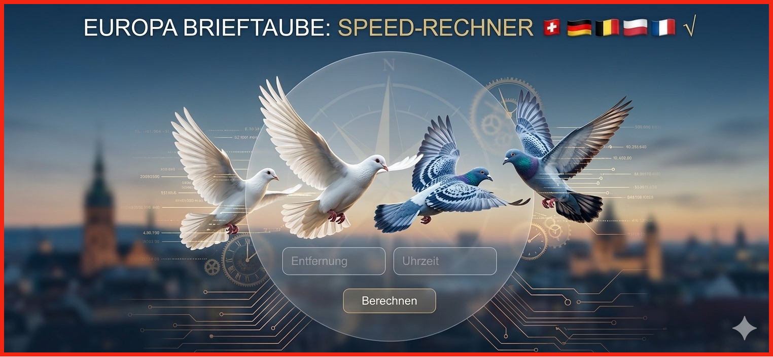 Europa Brieftaube Speed-Rechner Banner mit Tauben im Flug und Flaggen der Schweiz, Deutschland, Belgien, Polen und Frankreich