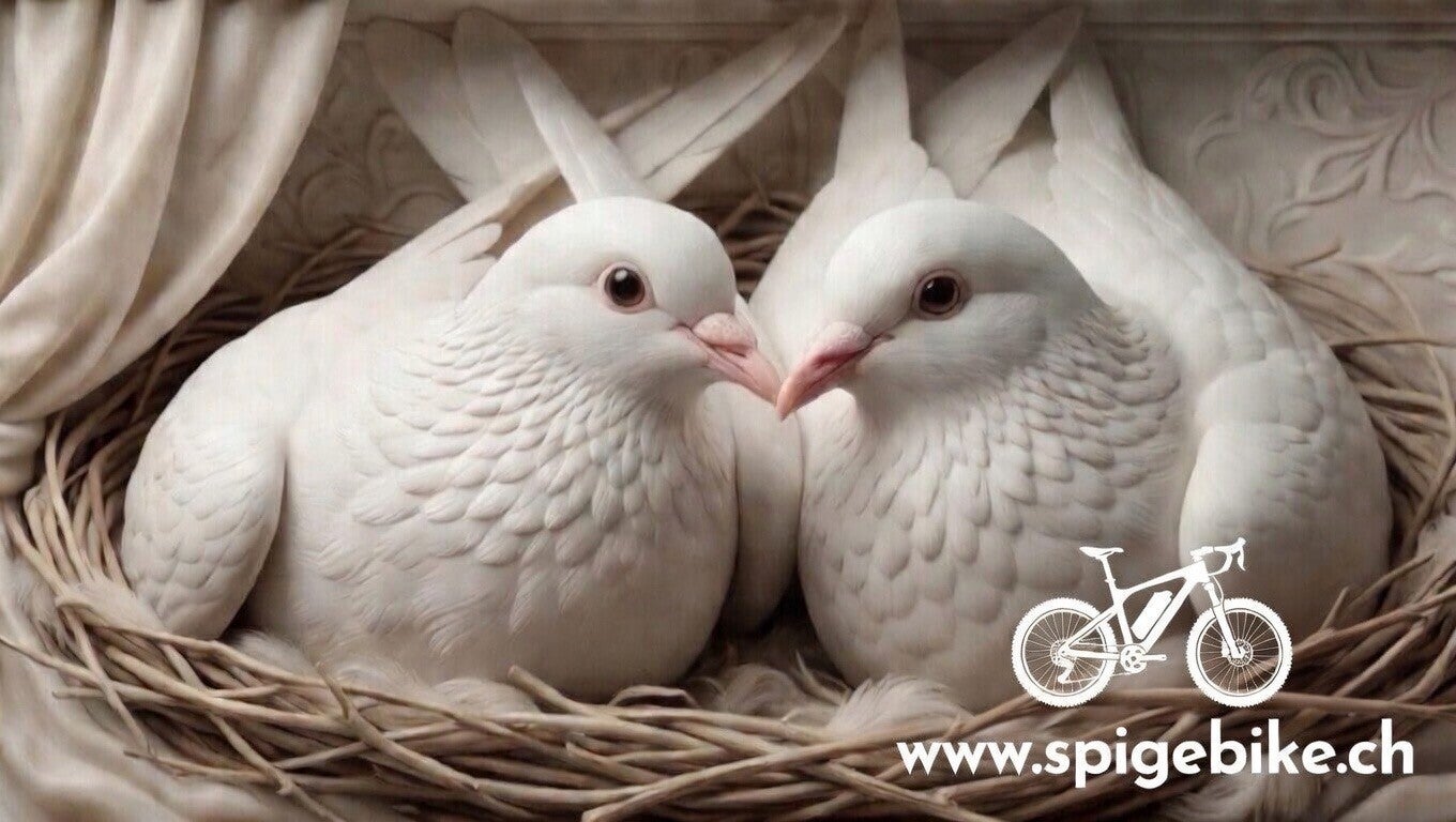 Weisse Hochzeitstauben im Nest mit Spigebike  – Regionale Partnerschaft in St. Gallen.