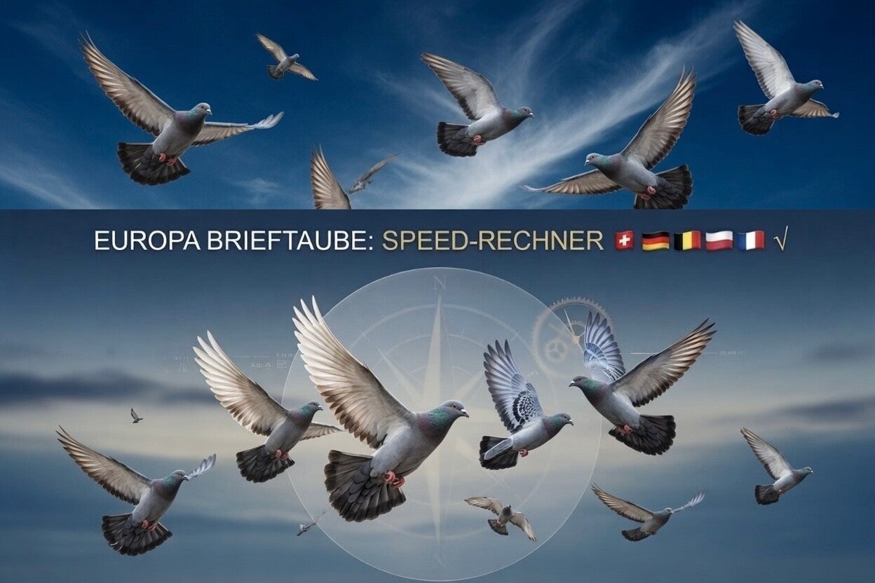 rBrieftauben Fluggeschwindigkeit m/min Rechner: CH,DE,PL,BE.-Länder