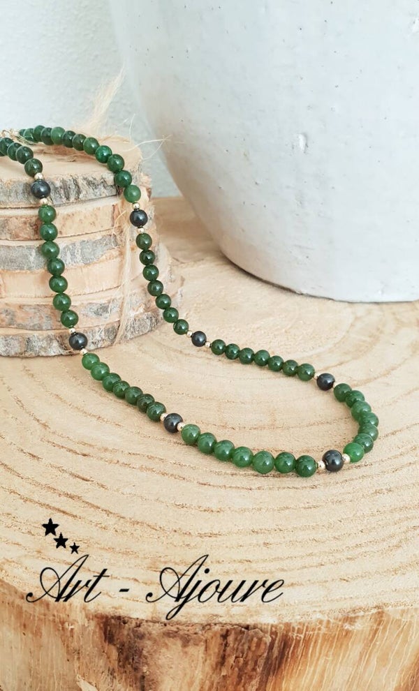 Art-Ajoure handgemaakt 14k Gold fill halsketting met Jade (Nefriet) en Shungiet