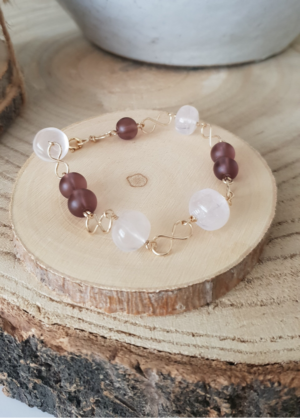 Art-Ajoure 14k Gold fill armband met Rozenkwarts en Andara Obsidian.