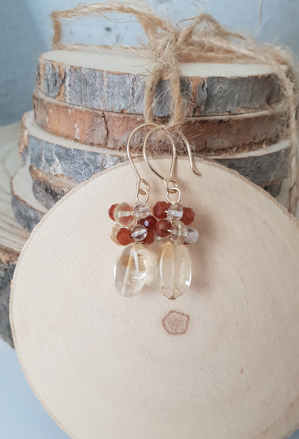 Art-Ajoure 14k Gold fill oorbellen met Citrien, Bergkristal en Granaat Hessoniet