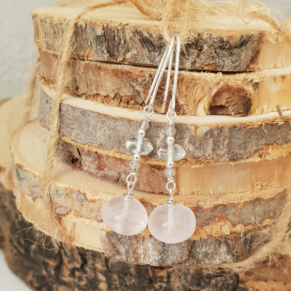 Art-Ajoure 925 Sterling zilver oorbellen met Rozenkwarts,Bergkristal en Labradoriet.