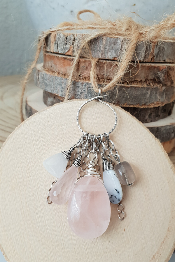 Art-Ajoure  925 Geoxideerd  zilveren hanger met Maansteen, Rozenkwarts, Dendriet Opaal, Rokkwarts.