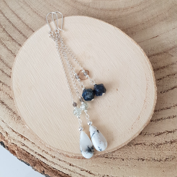 Art-Ajoure 925 Sterling zilver oorbellen met Dendriet Opaal, Dumortriet, Aquamarijn, Labradoriet.