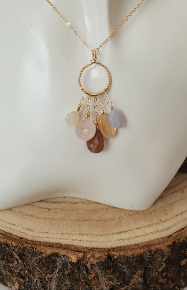 Art-Ajoure 14k gold filled halsketting met hanger Aardbeikwarts,Rozenkwarts,Citrien,Chalcedoon,Maansteen.
