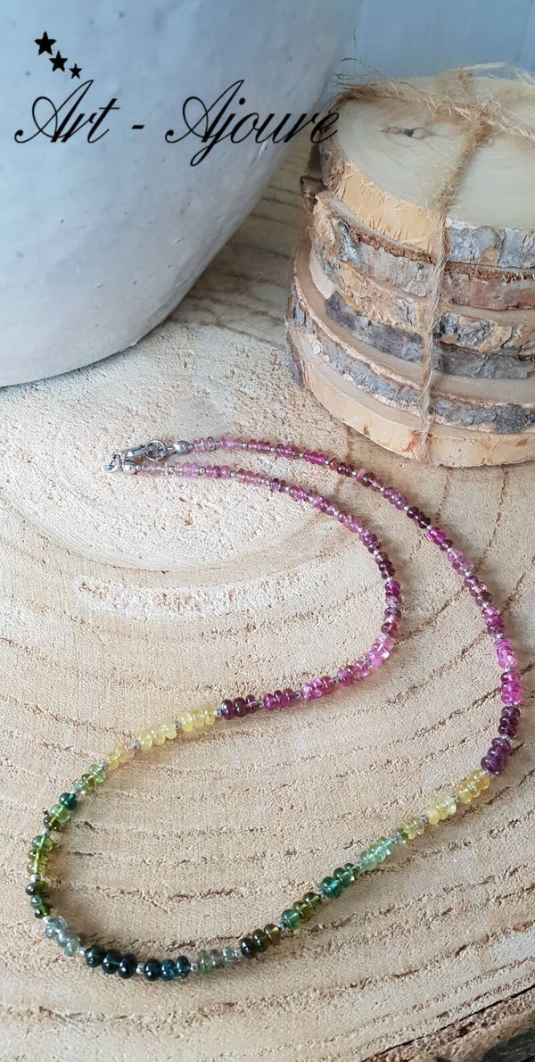 Art-Ajoure 925 Zilver handgemaakte halsketting met multikleur Toermalijn edelstenen.