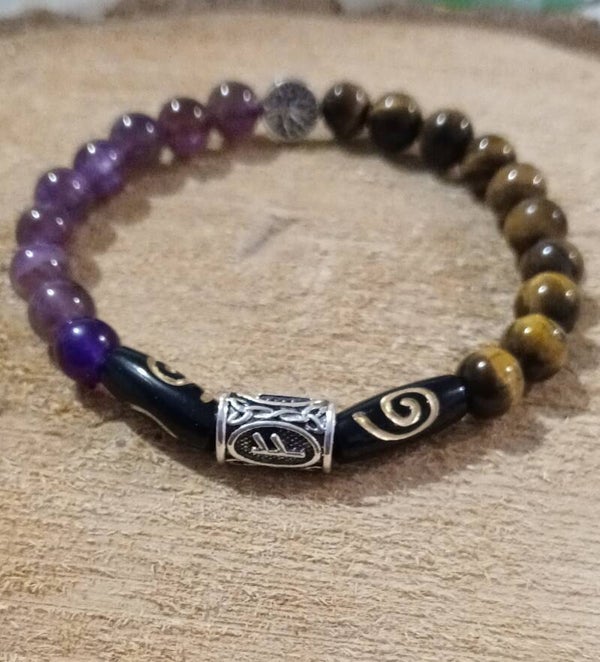 Bracelet richesse & prospérité rune fehu en améthyste & Oeil de tigre