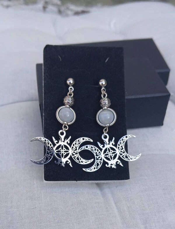 Boucles d'oreilles triples lune en selenite