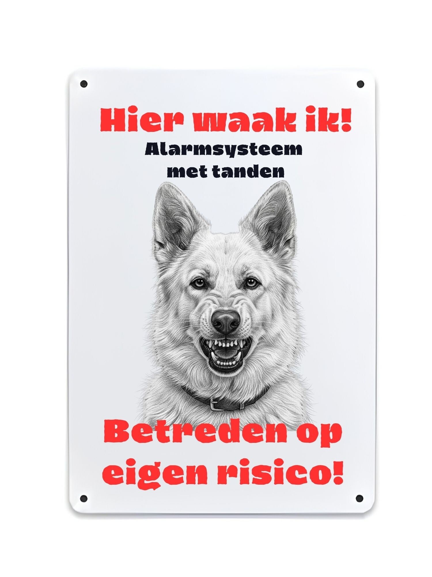 Aluminium Zwitserse witte herder - Hier waak ik bord - 20x30 cm
