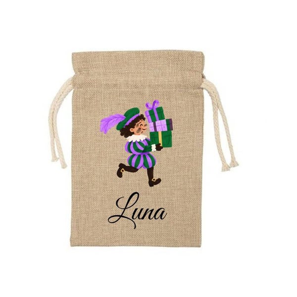 Piet met cadeautjes - Jute zak - met eigen naam