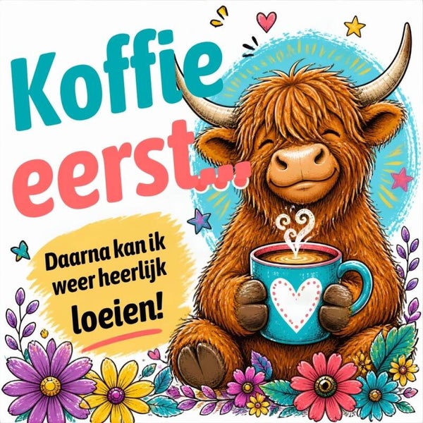 Keramische tegel schotse hooglander "Koffie eerst.."