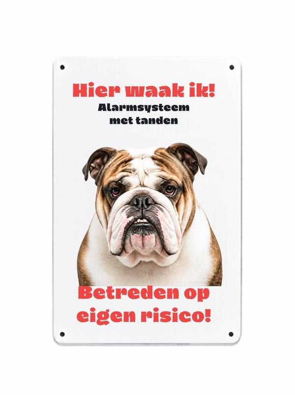Aluminium engelse bulldog - Hier waak ik bord - 20x30 cm