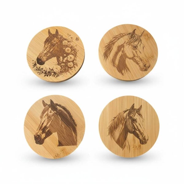 Onderzetter SET - Bamboe gegraveerd - Paarden - Set van 4