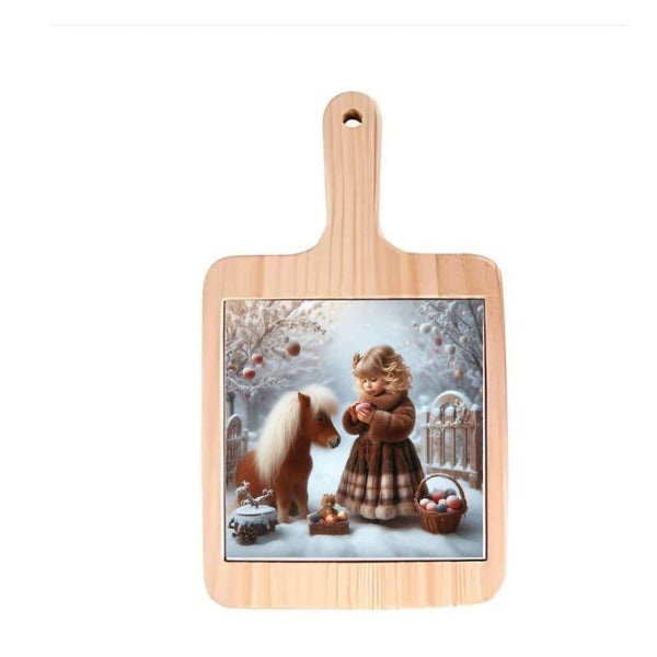 Decoratieve borrelplank - Meisje met pony winter- decoratie tegel - foto tegel