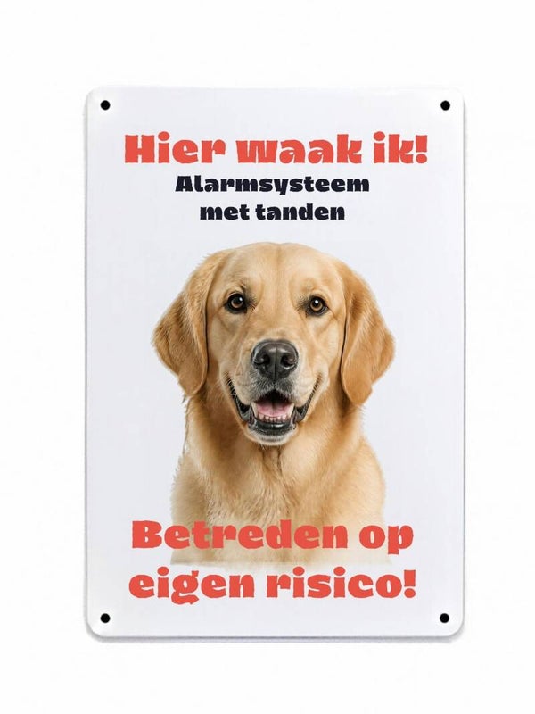 Aluminium Labrador retriever blond - Hier waak ik bord - 20x30 cm