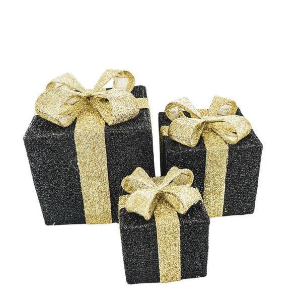 LED Kerstcadeau - Set van 3 - Polysenee - Zwart/Goud