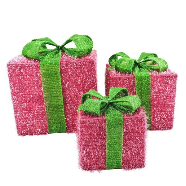 LED Kerstcadeau - Set van 3 - Polysterene - Roze / Groen