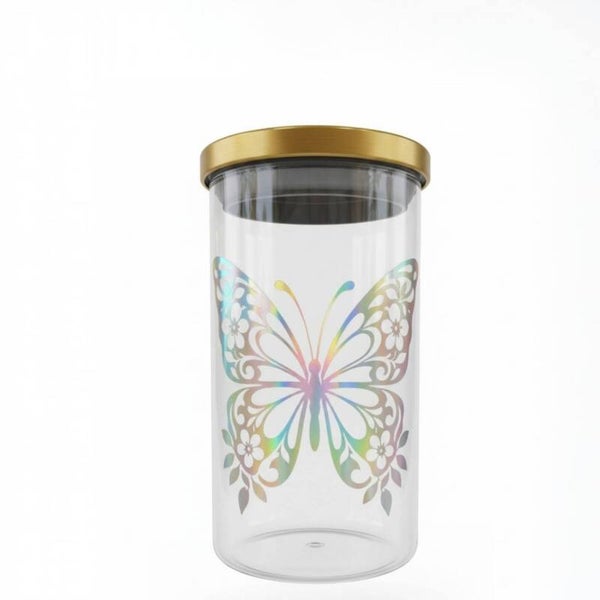 Voorraadpot 650 ML - parelmoer vlinder - gouden deksel