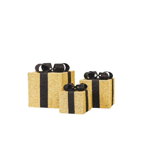 LED Kerstcadeau - Set van 3 - Polysterene - Goud/Zwart